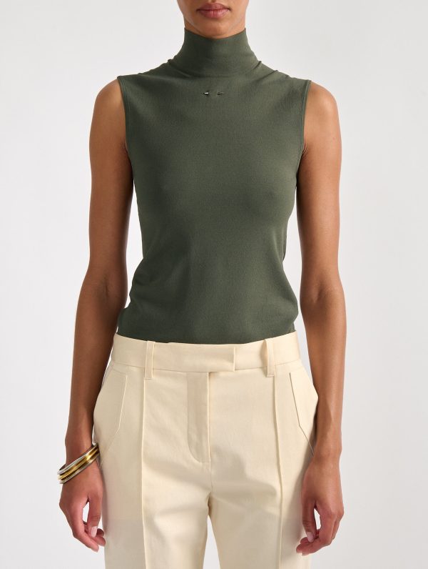 Khaki second-skin sleeveless high-neck sweater Cheap