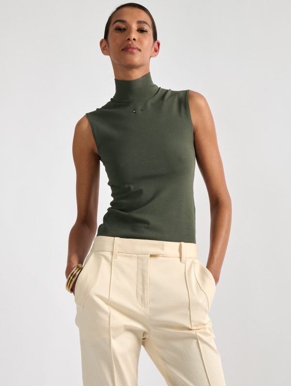 Khaki second-skin sleeveless high-neck sweater Cheap